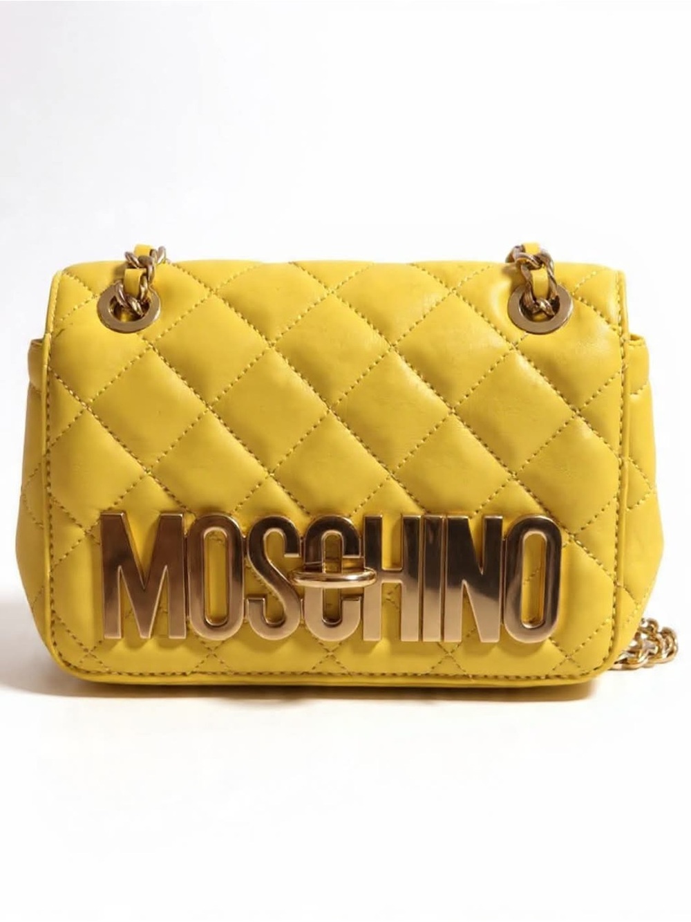 Moschino Yellow Quilted Logo Chain Crossbody Bag